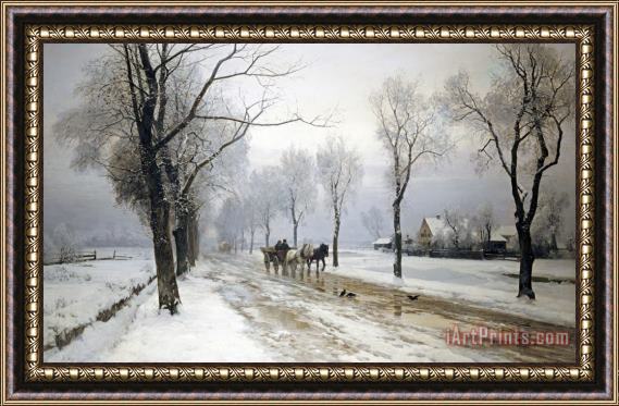 Anders Andersen-Lundby An Extensive Winter Landscape with a Horse And Cart Framed Painting