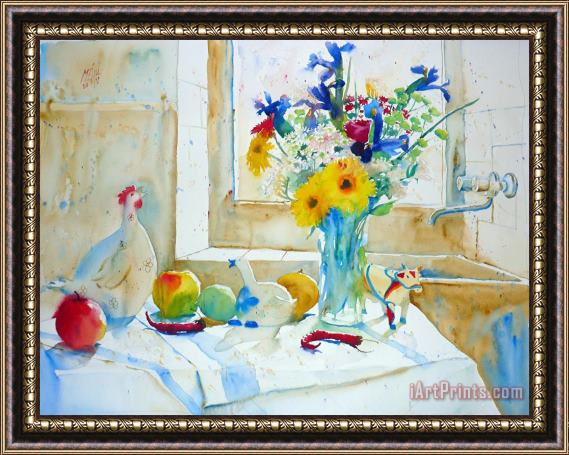 Andre Mehu Iris and white hen Framed Painting