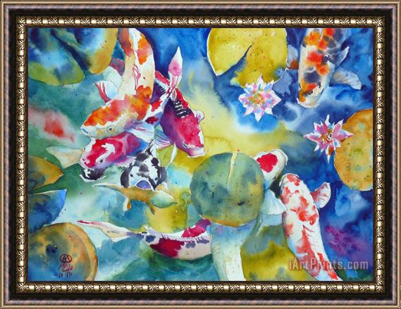 Andre Mehu Koi And Two Waterlilies Flowers Framed Painting