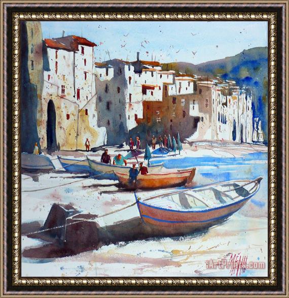 Andre Mehu On the beach of Cefalu Framed Painting