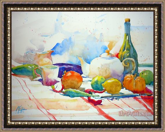 Andre Mehu Red peppers fruits and tea pot Framed Painting