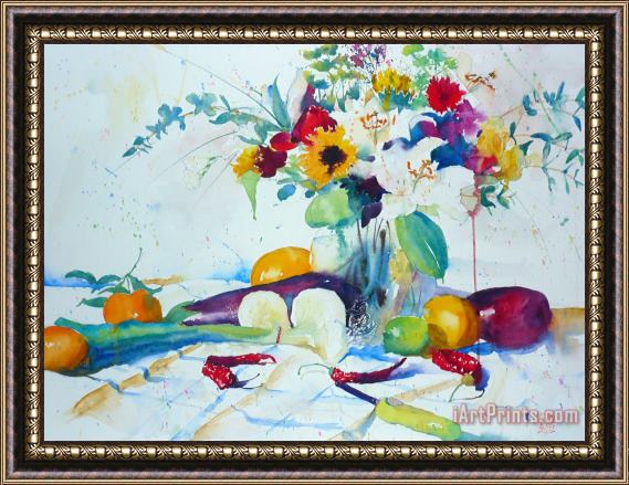 Andre Mehu White onions bouquet and red peppers Framed Painting