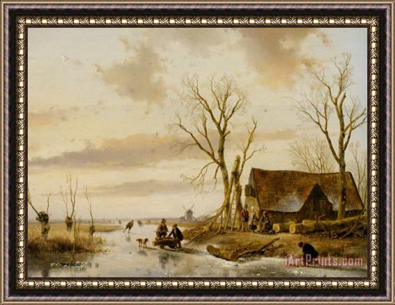 Andreas Schelfhout A Winter Landscape with Skaters on a Frozen River Framed Painting