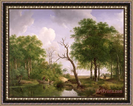 Andreas Schelfhout A Wooded River Landscape With Sportsmen In A Rowing Boat Framed Painting