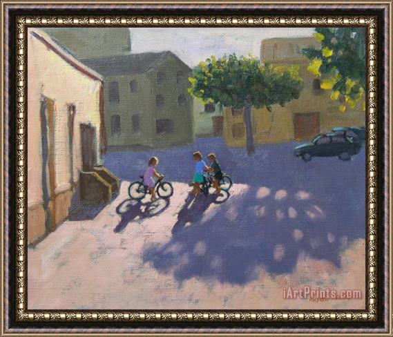 Andrew Macara Three children with bicycles in Spain Framed Print