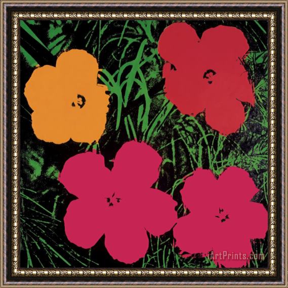 Andy Warhol Flowers 1964 Red Pink And Yellow Framed Painting