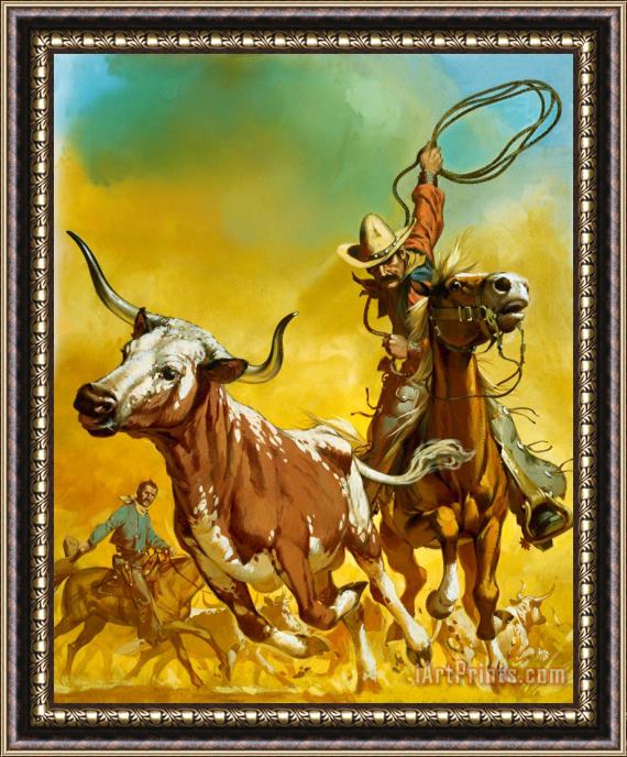 Angus McBride Cowboy lassoing cattle Framed Painting