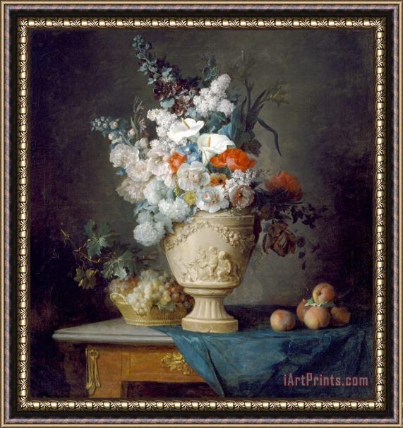 Anne Vallayer-Coster Bouquet of Flowers in a Terracotta Vase, with Peaches And Grapes Framed Print