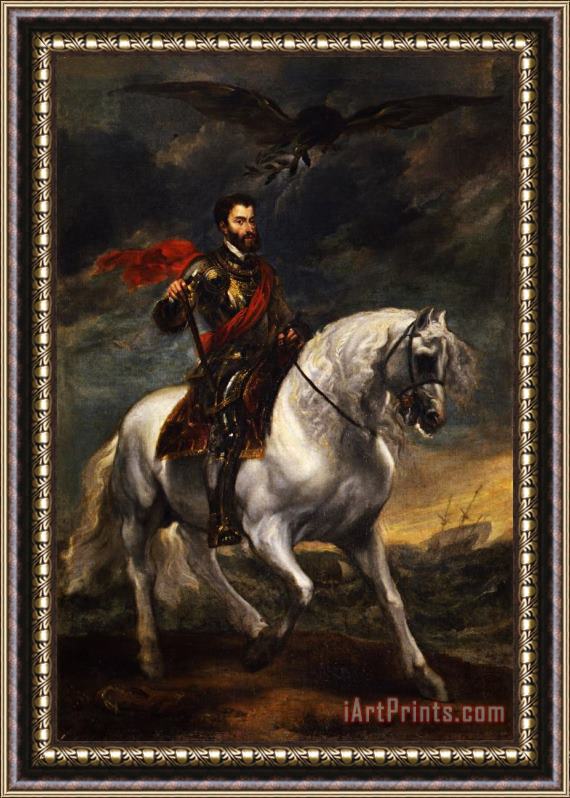 Anthonie Van Dyck Ritratto Equestre Dell'imperatore Carlo V Framed Painting