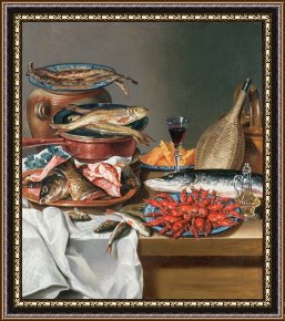 Babys First Steps Framed Prints - A Still Life of a Fish Trout and Baby Lobsters by Anton Friedrich Harms