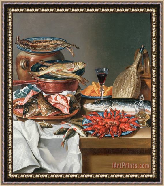 Anton Friedrich Harms A Still Life of a Fish Trout and Baby Lobsters Framed Painting