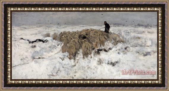 Anton Mauve Flock of Sheep with Shepherd in The Snow Framed Painting