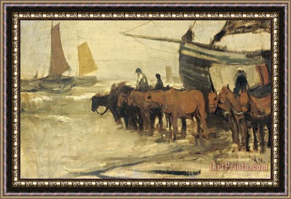 Anton Mauve Het in Zee Brengen Van Een Visserspink Framed Painting