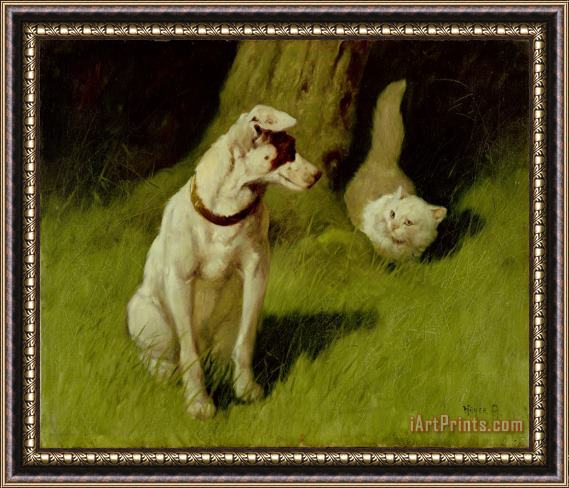 Arthur Heyer White Persian Cat and Jack Russell Framed Painting