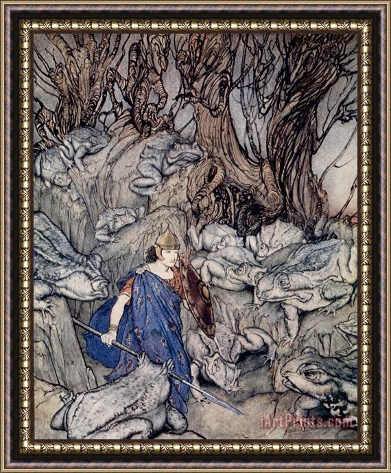 Arthur Rackham In The Forked Glen Into Which He Slipped At Night-fall He Was Surrounded By Giant Toads Framed Painting