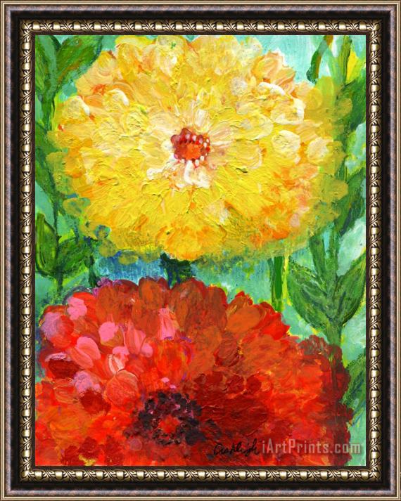 Ashleigh Dyan Moore One Yellow One Red and Orange Flower Shines Framed Painting