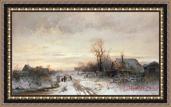 August Fink Children playing in a winter landscape Framed Print