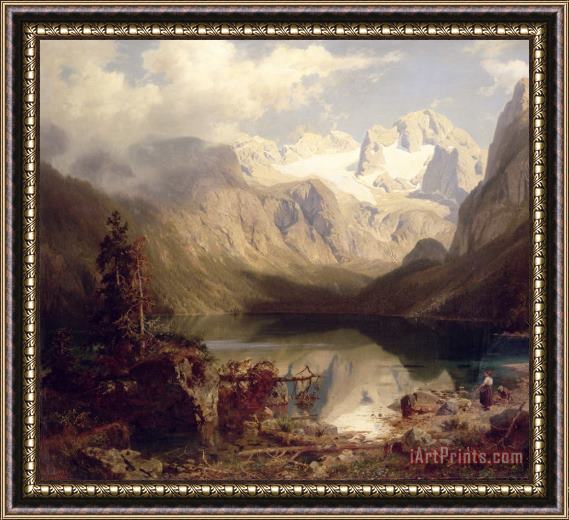 Augustus Wilhelm Leu An Extensive Alpine Lake Landscape Framed Painting