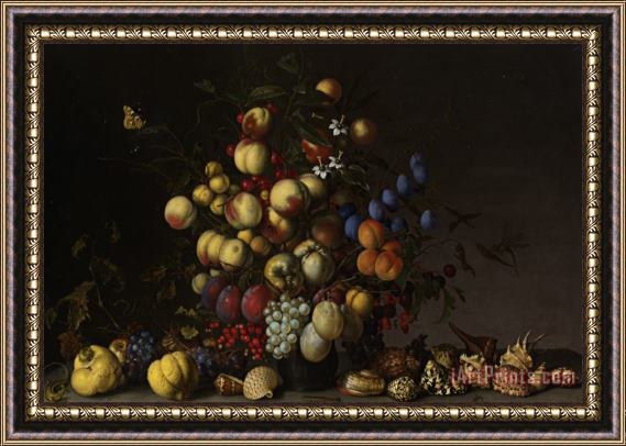 Balthasar Van Der Ast Various Fruit in a Vase with Insects And a Lizard Framed Print
