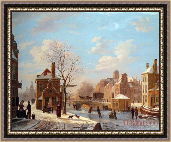 Bartholomeus Johannes Van Hove A Dutch Town Scene in Winter Framed Painting