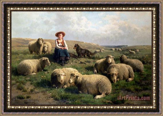 C Leemputten and T Gerard Shepherdess with Sheep in a Landscape Framed Print
