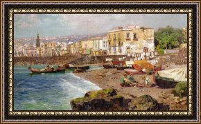 Fishing Boats in a Calm Sea Framed Prints - Fishing Boats on the Beach at Marinella Naples by Carlo Brancaccio