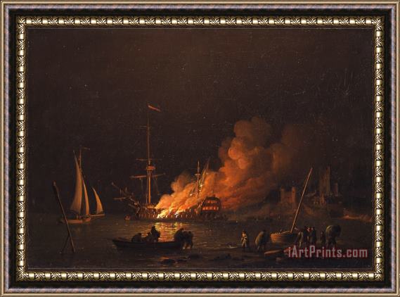 Charles Brooking Ship on Fire at Night Framed Painting