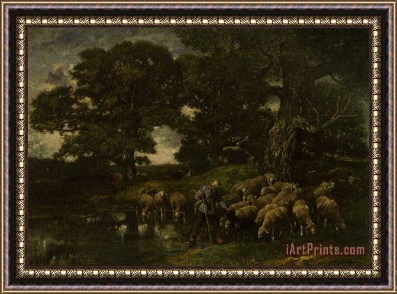Charles Emile Jacque A Shepherd And His Flock by a Pond Framed Print