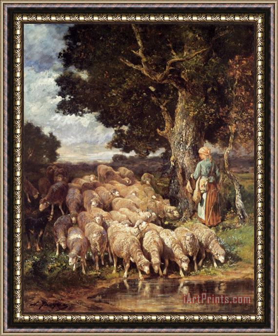 Charles Emile Jacque A Shepherdess with Her Flock Near a Stream Framed Painting