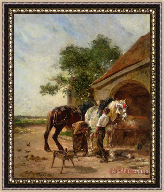 Charles Emile Jacque Attending to The Horses Framed Print