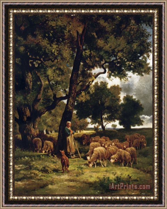 Charles Emile Jacque The Shepherdess And Her Flock Framed Painting