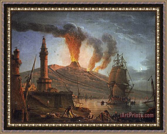Charles Francois Lacroix Eruption of Vesuvius at Night Framed Painting