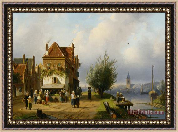 Charles Henri Joseph Leickert A Town View with Figures by a Market Street Stall Framed Print