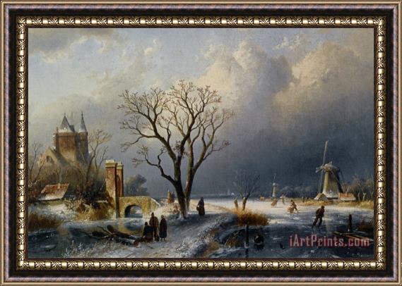 Charles Henri Joseph Leickert A Winter Landscape with Figures Near a Castle Framed Print