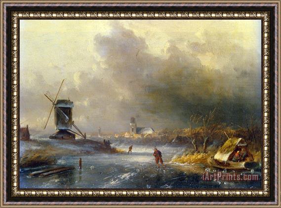 Charles Henri Joseph Leickert Winter Landscape with Skaters on a Frozen River Framed Painting