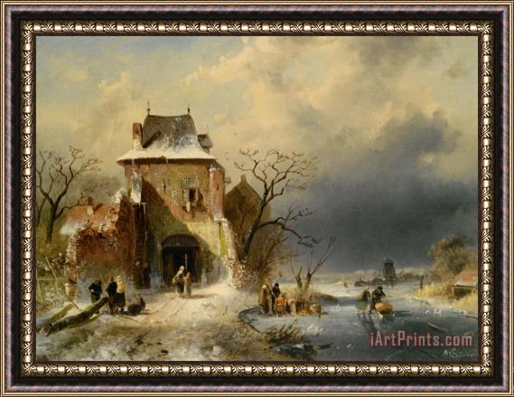 Charles Henri Joseph Leickert Winter Scene with Figures Framed Painting