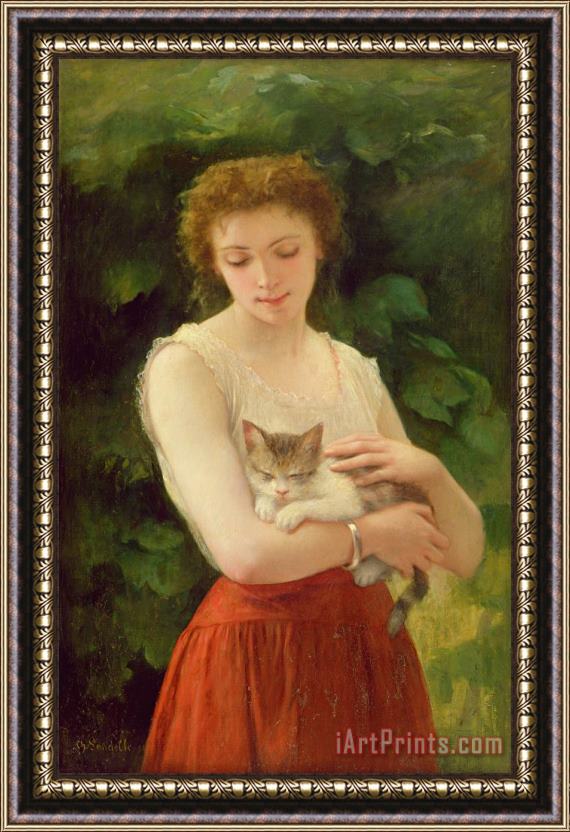Charles Landelle Country Girl and her Kitten Framed Print