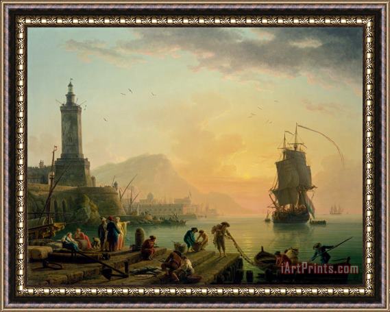 Claude Joseph Vernet A Calm at a Mediterranean Port Framed Painting