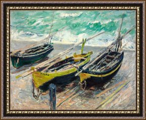 Fishing Boats in a Calm Sea Framed Prints - Three Fishing Boats by Claude Monet