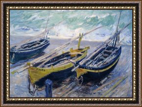 Fishing Boats in a Calm Sea Framed Prints - Three Fishing Boats by Claude Monet