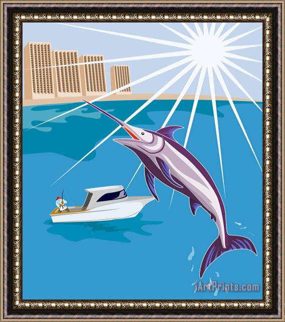 Collection 10 Blue Marlin Fish Jumping Retro Framed Painting