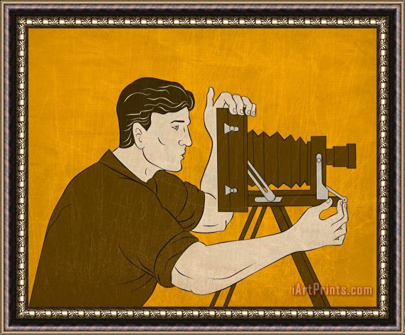 Collection 10 Cameraman vintage camera shooting side view Framed Painting