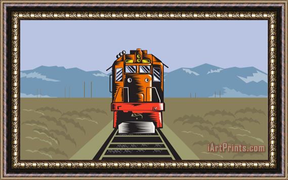 Collection 10 Diesel Train Front Rear Woodcut Retro Framed Print