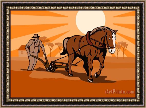 Collection 10 Farmer and Horse Plowing Farm Retro Framed Painting