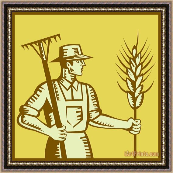 Collection 10 Farmer With Rake and Wheat Woodcut Framed Painting