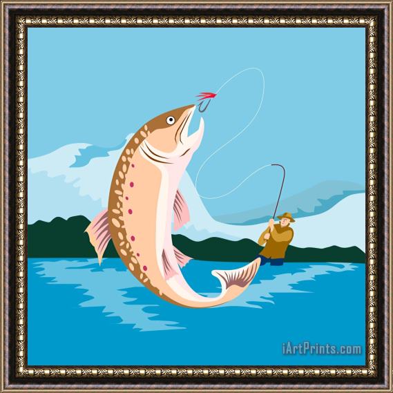 Collection 10 Fly fisherman catching trout Framed Painting