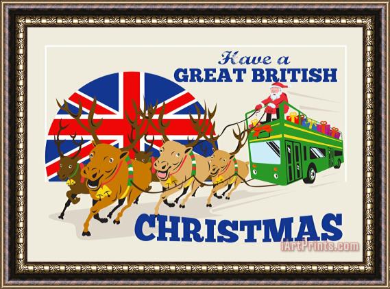 Collection 10 Great British Christmas Santa Reindeer Doube Decker Bus Framed Painting