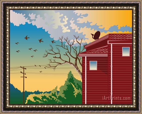 Collection 10 House With Satellite Dish Retro Framed Print