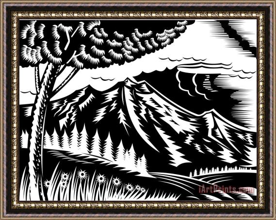 Collection 10 Mountain scene woodcut Framed Print