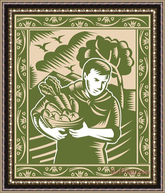 Collection 10 Organic Farmer With Basket Harvest Crops Retro Framed Painting